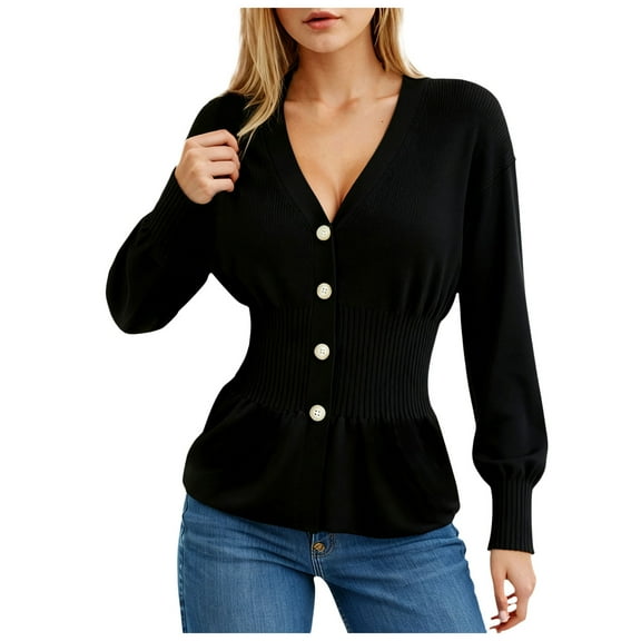 idosla Womens V Neck Cardigan Sweaters Long Sleeve Cinched Waist Knit Tops Dressy Casual Button Up Fitted Outerwear (Black, M)