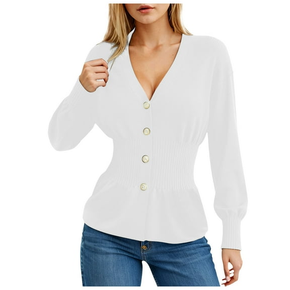 idosla Womens V Neck Cardigan Sweaters Long Sleeve Cinched Waist Knit Tops Dressy Casual Button Up Fitted Outerwear (White, XL)