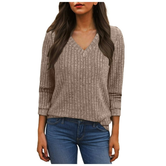 idosla Womens V Neck Long Sleeve Shirt Fall Fashion Knitted Sweaters Dressy Casual Pullover Tunic Tops with Decorative Buttons (Coffee, S)