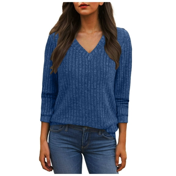 idosla Womens V Neck Long Sleeve Shirt Fall Fashion Knitted Sweaters Dressy Casual Pullover Tunic Tops with Decorative Buttons (Dark Blue, M)