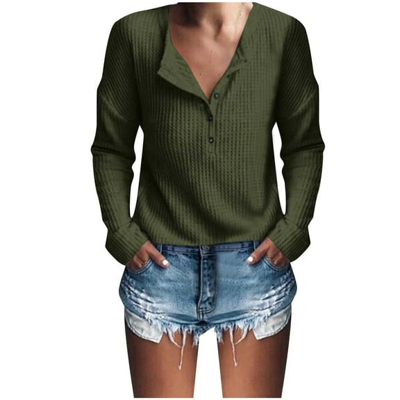 idosla Womens V Neck Waffle Knit Shirts Long Sleeve Loose Fitting Warm Tee Tops Sweaters Pullovers (Dark Green, XL)