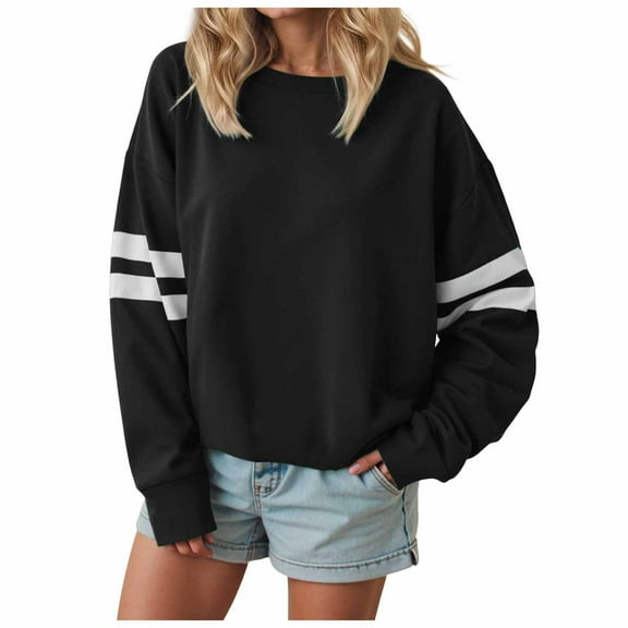 idosla Womens Varsity Striped Oversized Sweatshirt Crewneck Long Sleeve Casual Fashion Pullover Top Fall Outfits (Black, L)