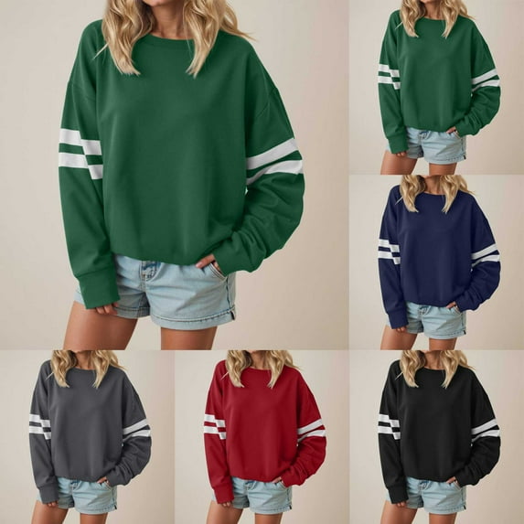 idosla Womens Varsity Striped Oversized Sweatshirt Crewneck Long Sleeve Casual Fashion Pullover Top Fall Outfits (Navy, XL)