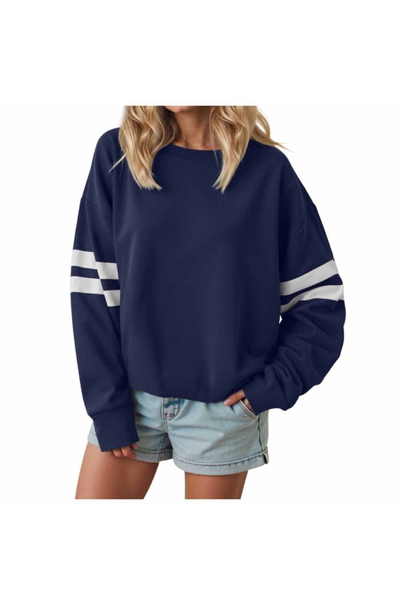 Womens Varsity Striped Oversized Sweatshirt Crewneck Long Sleeve Casual Fashion Pullover Top Fall Outfits (Navy, XXL)