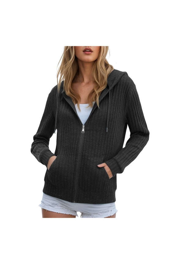 Womens Zip Up Hoodies Long Sleeve Hoodie Jackets Lightweight Tunic Sweatshirt Open Front Cardigan (Black, L)