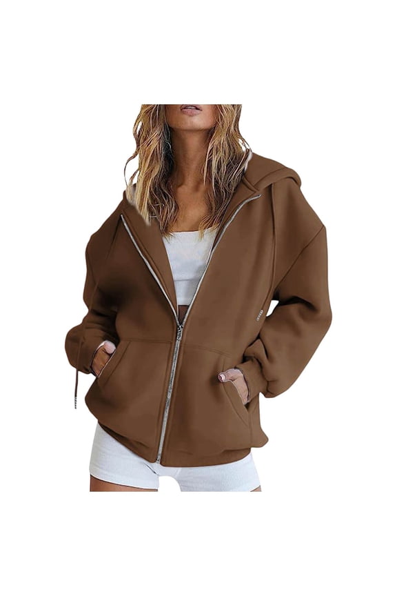 Womens Zip Up Hoodies Oversized Lightweight Hooded Sweatshirt Casual Long Sleeve Jacket Y2K Fall Clothes (Coffee, M)