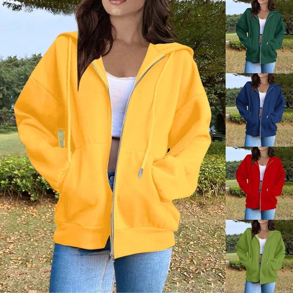 idosla Womens Zip Up Hoodies Oversized Sweatshirts Fall School Fashion Outfits Casual Jackets 2025 Winter Clothes (Yellow, M)