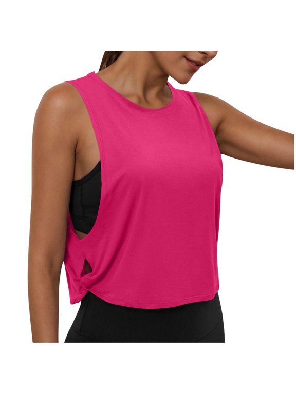 Workout Tank Tops for Women, Ice Silk Quick Dry Athletic Crop Top, Loose Fit Running Yoga Gym Shirts (Hot Pink, M)