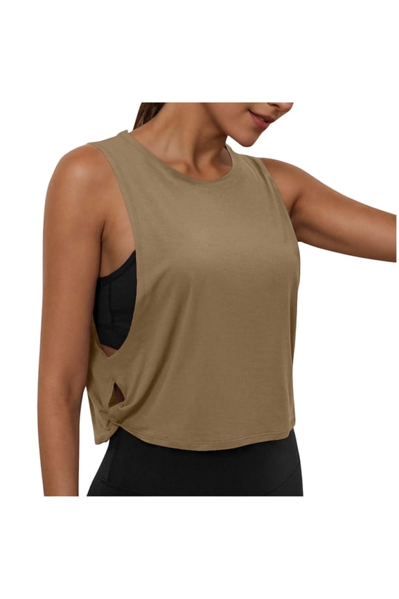 Workout Tank Tops for Women, Ice Silk Quick Dry Athletic Crop Top, Loose Fit Running Yoga Gym Shirts (Khaki, XXL)