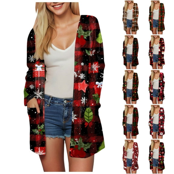 idosla Xmas Print Long Sleeve Lightweight Cardigan for Women Ugly Christmas Cute Loose Fit Tops with Pockets (Light Pink, S)