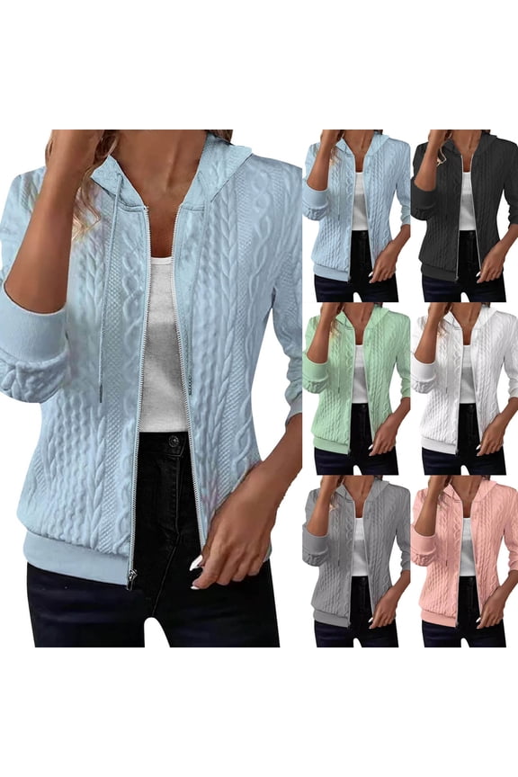 Zip Up Cardigan Sweater for Women Cable Knit Hoodie Long Sleeve Jacket Oversized Outwear Drawstring Sweatshirts (Blue, XXL)