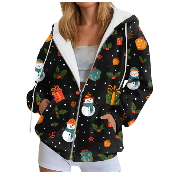 idosla Zip Up Christmas Hoodie Women Oversized Hoodie Casual Long Sleeve Graphic Jackets with Pockets Zipper Drawstring (Black, XXL)