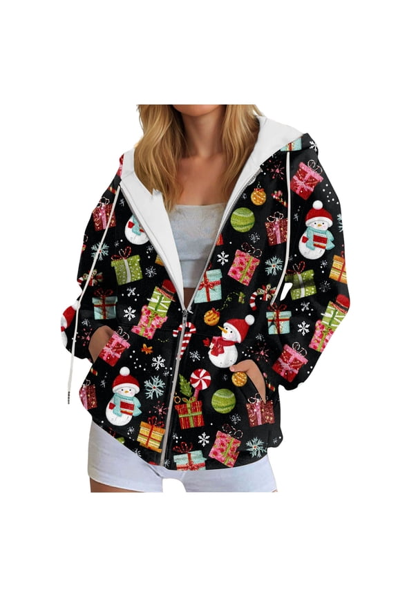 Zip Up Christmas Hoodie Women Oversized Hoodie Casual Long Sleeve Graphic Jackets with Pockets Zipper Drawstring (Dark Gray, L)