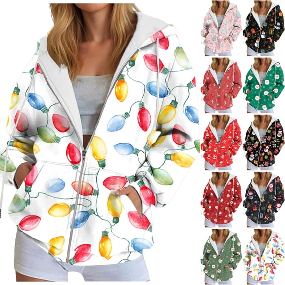 idosla Zip Up Christmas Hoodie Women Oversized Hoodie Casual Long Sleeve Graphic Jackets with Pockets Zipper Drawstring (Light Green, XXL)