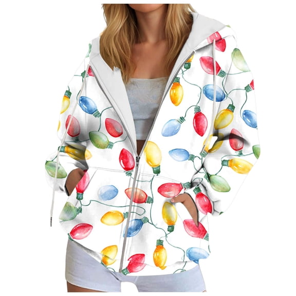 idosla Zip Up Christmas Hoodie Women Oversized Hoodie Casual Long Sleeve Graphic Jackets with Pockets Zipper Drawstring (White, 3XL)