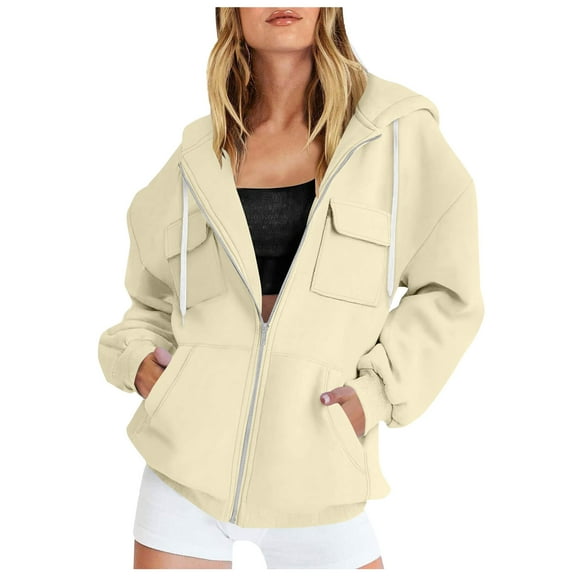 idosla Zip Up Hoodie Women Fleece Oversized Fall Fashion Hooded Sweatshirts Cargo Pockets Casual Y2K Jacket 2025 Winter Clothes (Beige, XL)