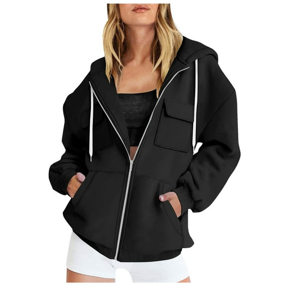idosla Zip Up Hoodie Women Fleece Oversized Fall Fashion Hooded Sweatshirts Cargo Pockets Casual Y2K Jacket 2025 Winter Clothes (Black, XL)