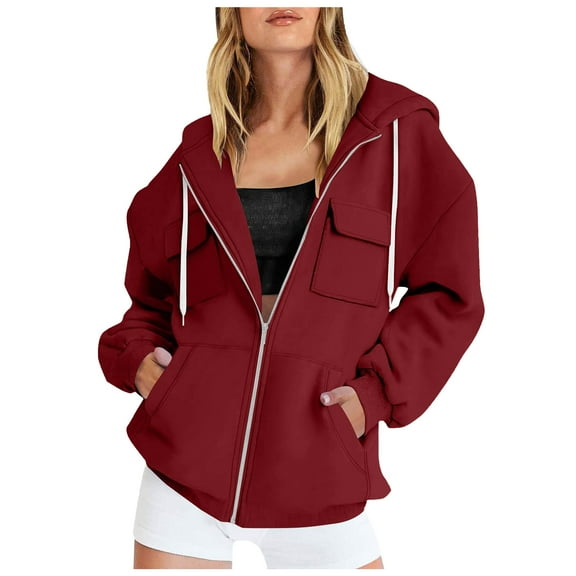 idosla Zip Up Hoodie Women Fleece Oversized Fall Fashion Hooded Sweatshirts Cargo Pockets Casual Y2K Jacket 2025 Winter Clothes (Wine, XL)