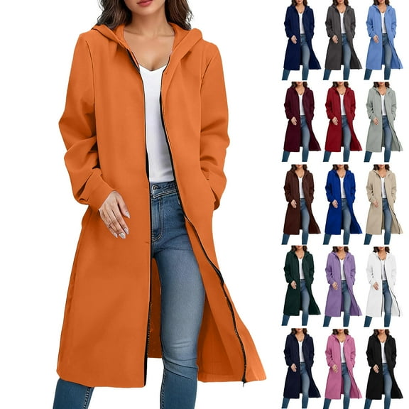 idosla Zip Up Long Hoodie Jackets for Women Oversized Fleece Tunic Sweatshirt 2025 Fall Winter Casual Solid Coat With Pocket (Orange, S)