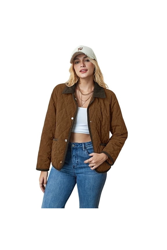 Quilted Jackets for Women Lightweight Long Sleeve Button Down Jacket Warm Winter Coat Outerwear with Pockets, Coffee, S