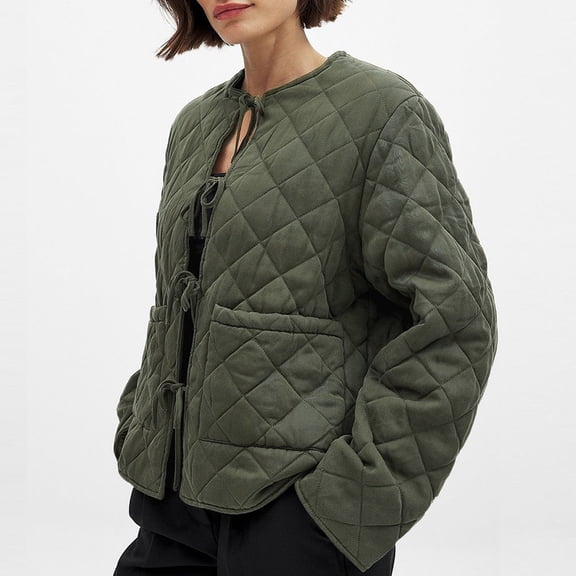 ieFashion Women's Winter Casual Quilted Jackets Long Sleeve Jacket with Pockets Outerwear Coats,Green, L
