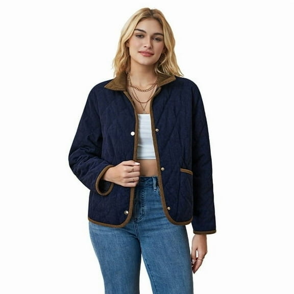 ieFashion Quilted Jackets for Women Lightweight Long Sleeve Button Down Jacket Warm Winter Coat Outerwear with Pockets, Blue， L