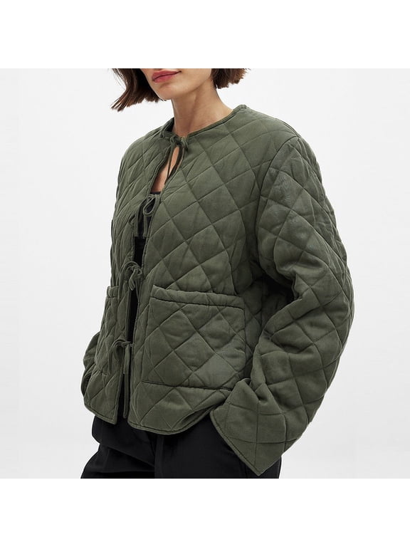 Women's Winter Casual Quilted Jackets Long Sleeve Jacket with Pockets Outerwear Coats,Green, S