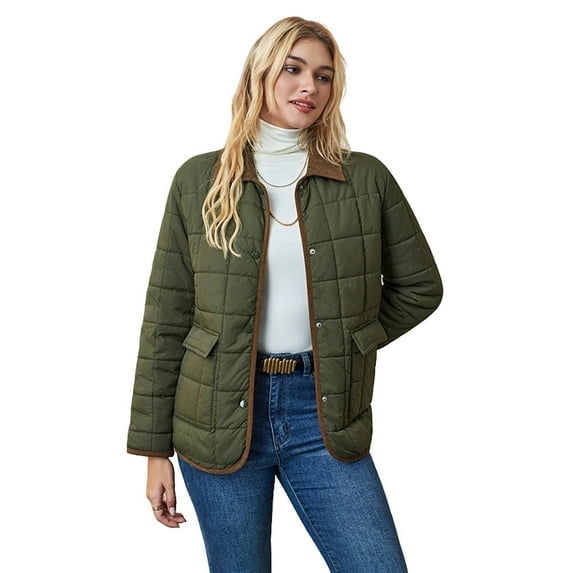 ieFashion Women's Winter Quilted Jackets Long Sleeve Button Down Square Pattern Jacket Outerwear Coats with Pockets, Green, L