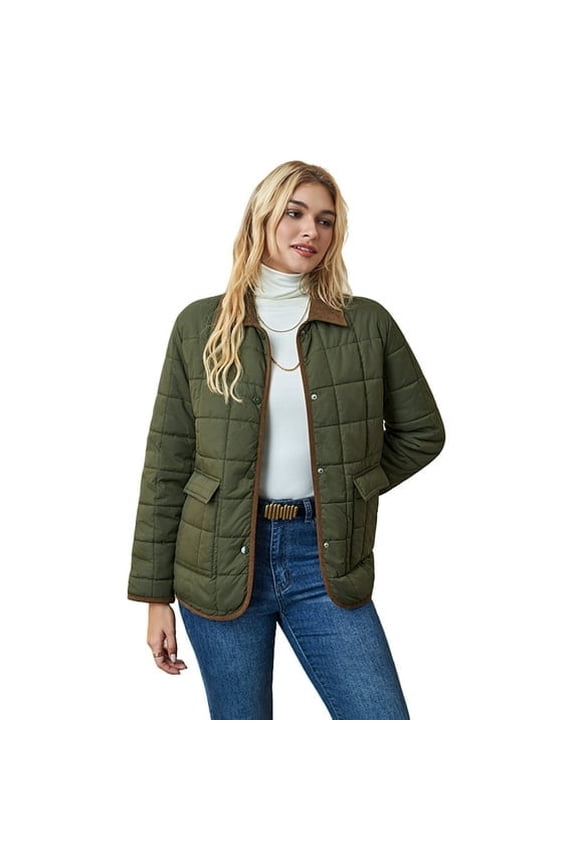 Women's Winter Quilted Jackets Long Sleeve Button Down Square Pattern Jacket Outerwear Coats with Pockets, Green, L