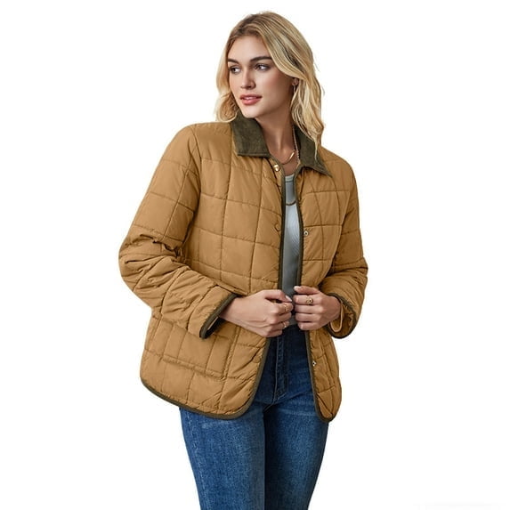 ieFashion Women's Winter Quilted Jackets Long Sleeve Button Down Square Pattern Jacket Outerwear Coats with Pockets, Brown, S