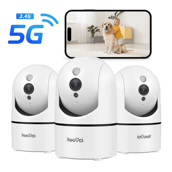 ieGeek 2.5K 5G/2.4GHz WiFi Pet Dog Camera with Phone App, Indoor Security Camera with 360° Ptz , IR Night Vision, Motion Detection, Two-Way Audio, Compatible with Alexa-3Pack