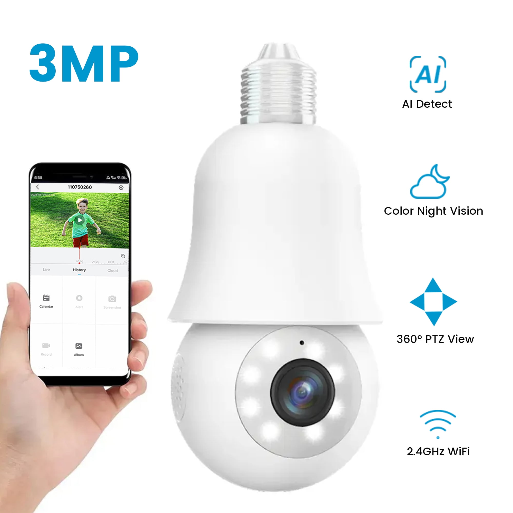 ieGeek 360 Light Bulb Security Camera Wireless WiFi Indoor, 3MP Color