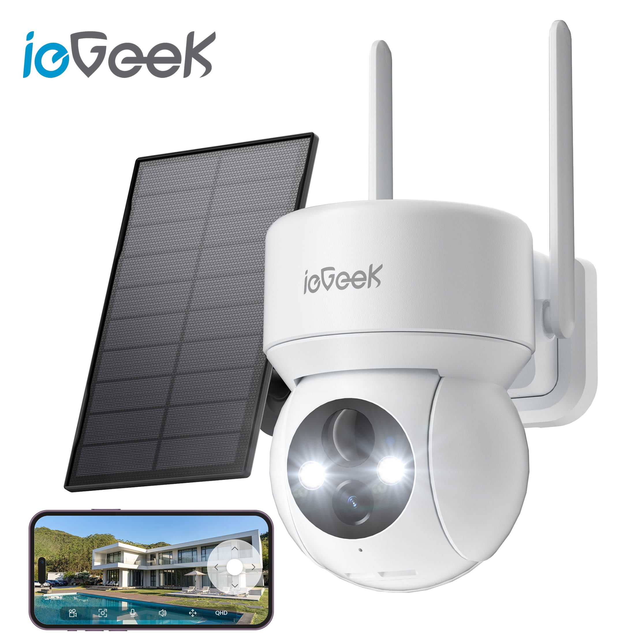ieGeek Security Cameras Wireless Outdoor, 2K WiFi Solar Camera for Home Surveillance, 360 View PTZ, Battery Powered, Color Night Vision, Motion Sensor