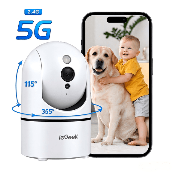 ieGeek 2.5K 5G/2.4GHz WiFi Pet Dog Camera with Phone App, Indoor Security Camera with 360° Ptz , IR Night Vision, Motion Detection, Two-Way Audio, Compatible with Alexa