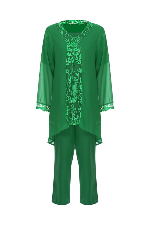 Women 3Pcs Mother of Bride Dress Sets Lace Chiffon Pants Suits for Wedding Formal Evening Party Green 3XL