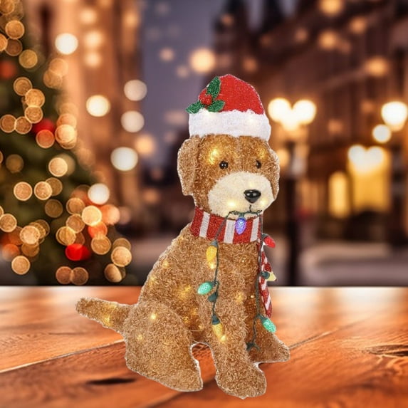 ievspot 1 Set Fluffy Dog Decor Light-up Christmas Golden Dog Ornamental Festive Yard Decoration for Merry Holiday Season