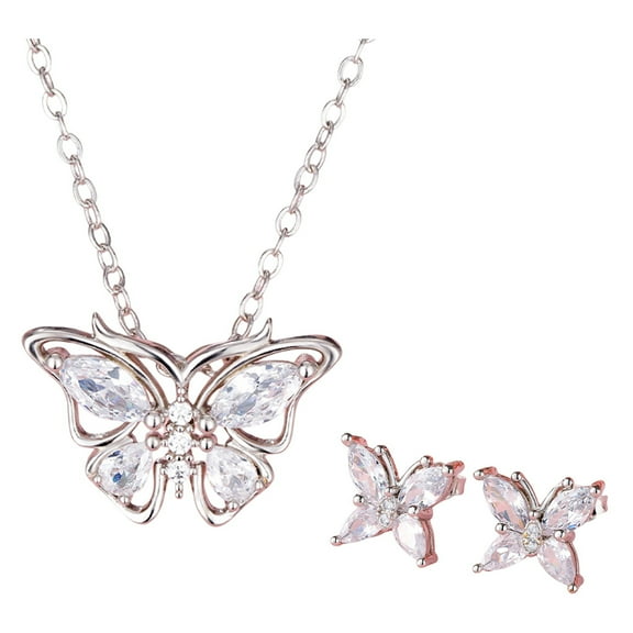 ievspot 1 Set Necklace Earrings Set Shiny Rhinestones Butterflies Shape Pendant Necklace Stud Earrings Set Jewelry Gift