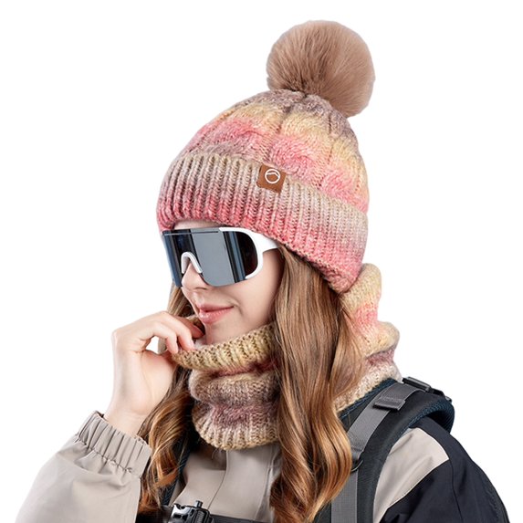 ievspot 1 Set Women Winter Hat And Scarf Set Plush Ball Decor Contrast Color Thick Plush Line Outdoor Ski Skating Cycling Neck Cover Cap Set