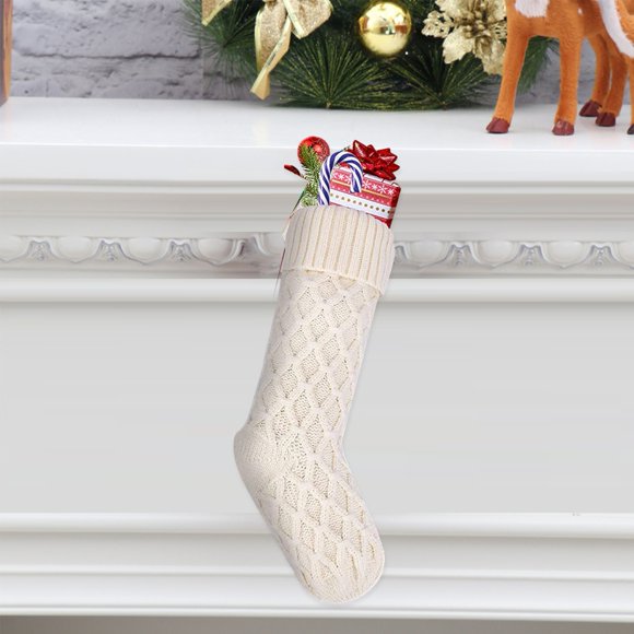 ievspot 18 Inches Solid Color Christmas Stocking Rhombic Pattern Candy Gift Soft Woolen Yarn Knitting Sock Home Decoration