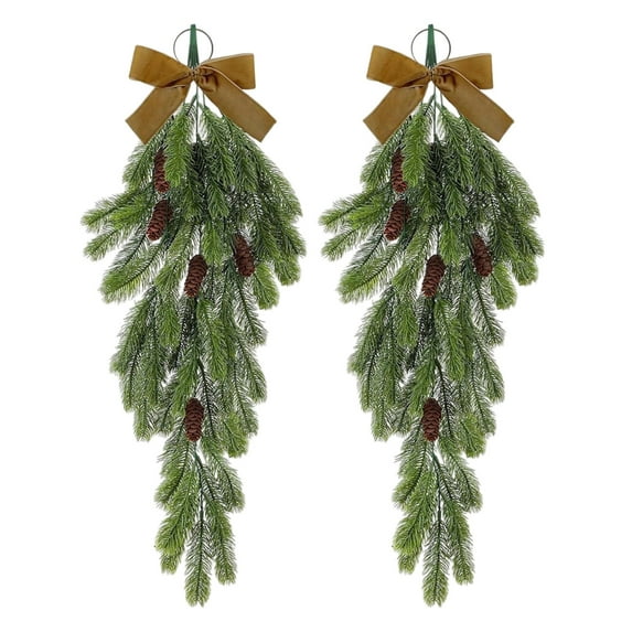ievspot 2 Pcs Christmas Teardrop Swag Faux Pine Needles Swag with Pine Cones And Bow Artificial Hanging Greenery Garland for Home Decor