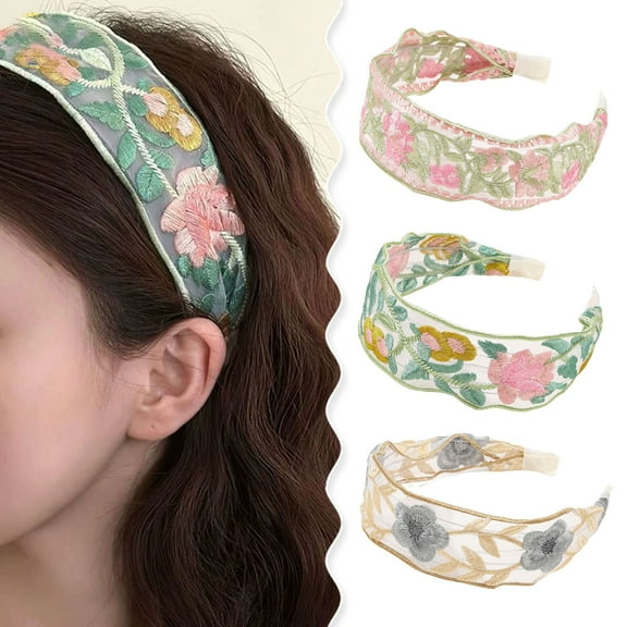 ievspot 3 Pcs  Mesh Yarn Wide Headband ,Retro Embroidery Flower Pattern Hair Hoop Soft Elastic Headband Hair Accessory