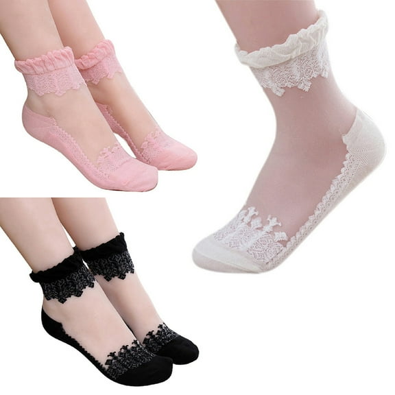 ievspot 5 Pairs Womens Girls Sheer Lace Ankle Socks Ultra Thin Transparent Mesh Low Cut Socks Silk Nylon Fishnet Short Transparent Socks