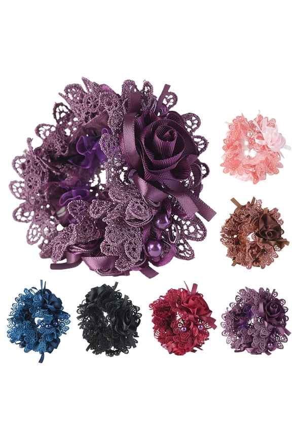 6Pcs Elegant Lace Scrunchies Hair Ties for Women Girls,Flower Scrunchy Hairtieswith Pearl for Thick Curl Hair Accessories