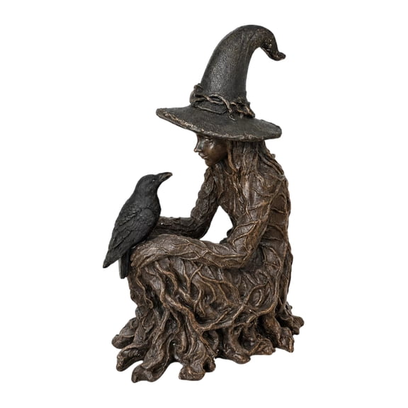 ievspot Halloween Witch Figurine Witch Statue with Crow Halloween Tree Witch Statue Crow Witch Resin Figurine Dark Fantasy Enchanting Witch for Spooky
