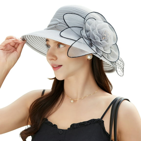 ievspot Women Organza Kentucky Sun Hats, Wide Brim Flower Church Bridal Hat Beach Derby Hat for Tea Party Wedding