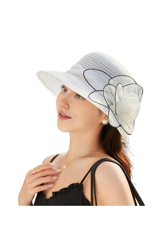 Women Organza Kentucky Sun Hats, Wide Brim Flower Church Bridal Hat Beach Derby Hat for Tea Party Wedding