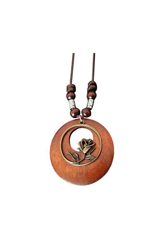 Women Sweater Chain Single-layer Wooden Beads Rose Decor Pendant Retro Ethnic Style Jewelry Dating Prom Party Garment Decoration Necklace
