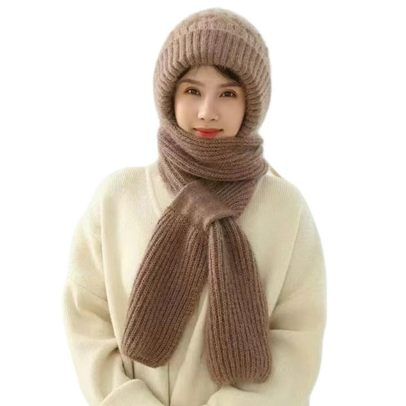 ievspot Women Winter Hat with Integrated Scarf Thick Warm Knitted Full Protection Outdoor Travel Cold Weather Cap