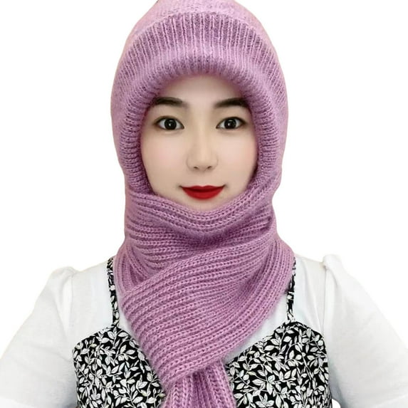 ievspot Women Winter Hat with Scarf Thick Cycling Headwear Solid Color Elastic Full Protection Outdoor Travel Cold Weather Skiing Cap