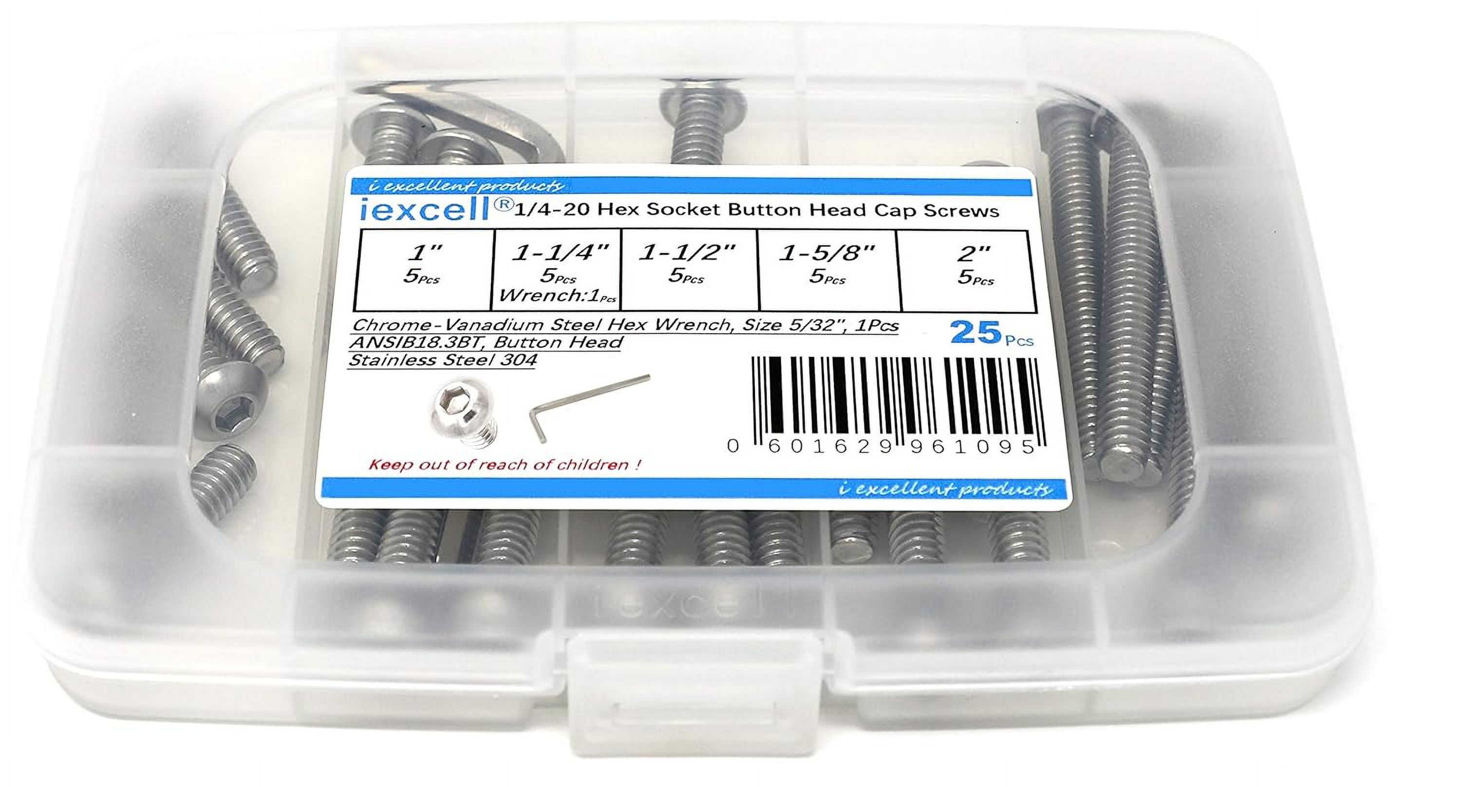 iexcell 25 Pcs SAE x 1, 2 UNC Threads Stainless Steel 304 Hex Socket Button Head Cap Screws Bolts Assortment Kit - image 1 of 4